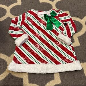 Bonnie Baby Christmas Red and White Striped Dress with Green Bow